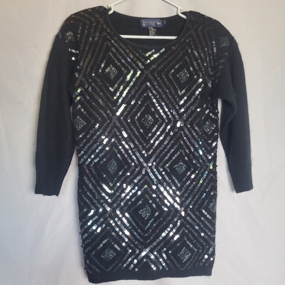 Le Chois VTG Silk/Angora/Wool Blend Black Sequin Beaded 3/4 Sleeve Sweater Small - Picture 1 of 7